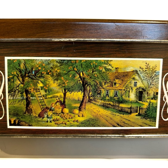 Vintage Village Art Litho Tin Box Brown Green Silver White House Trees Horses - Picture 3 of 15